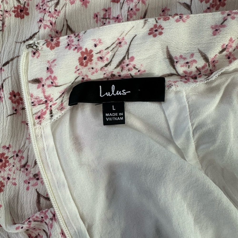 Lulus Pink Floral Ruffle Hem Midi Open Front Prairie Fairy Skirt sz L - Picture 7 of 8